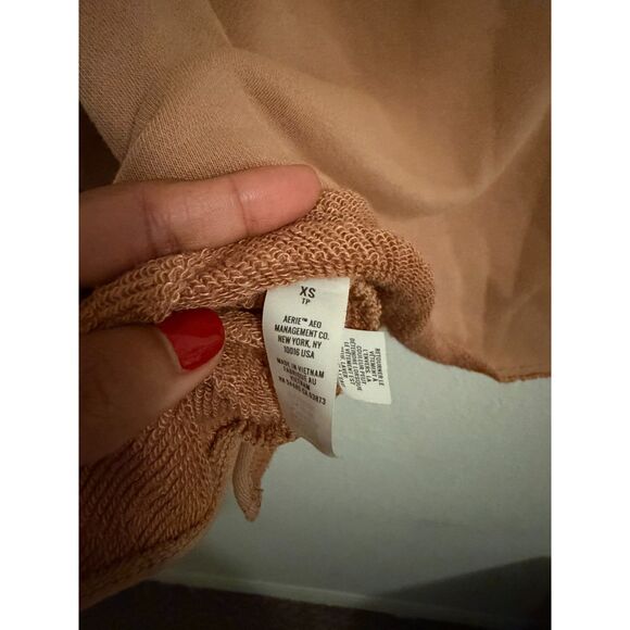 Aerie Terry Cloth Cropped Crew Neck Sweatshirt XS Tan Brown Pocket Pullover - Picture 5 of 7